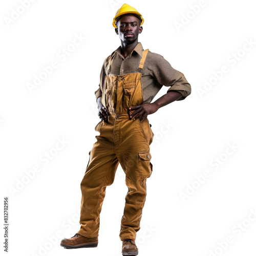 Professional construction worker in safety gear posing against a transparent backdrop