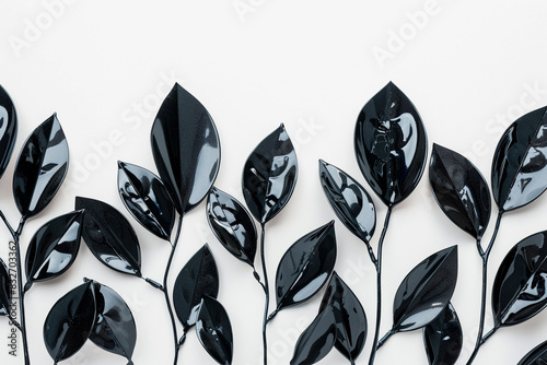 Sophisticated decor featuring glossy black leaves flowers arranged in a linear formation, their dark hues and glossy textures creating a striking visual impact