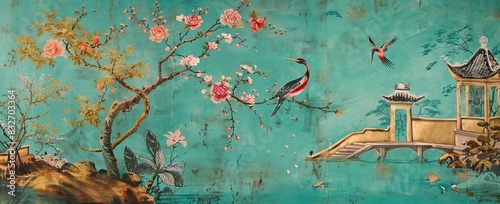 blossom tree With sparrow, finches, butterflies, dragonflies. Seamless pattern, background. Chinoiserie, traditional oriental botanical motif. AI generated illustration