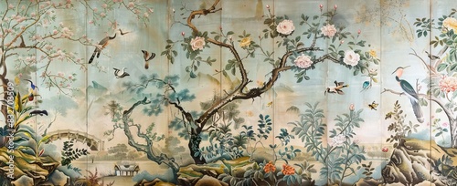 blossom tree With sparrow, finches, butterflies, dragonflies. Seamless pattern, background. Chinoiserie, traditional oriental botanical motif. AI generated illustration