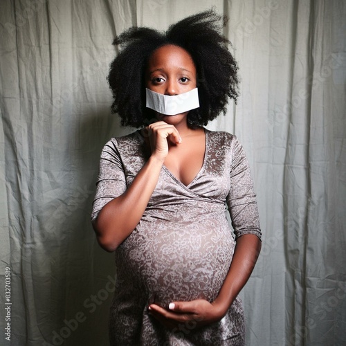 Pregnant woman silenced mouth covered, reproductive rights, political statement, women's rights photo