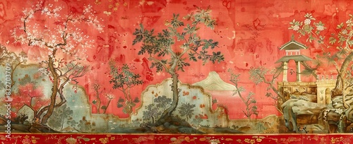 blossom tree With sparrow, finches, butterflies, dragonflies. Seamless pattern, background. Chinoiserie, traditional oriental botanical motif. AI generated illustration