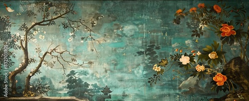 3d wallpaper design with branches, birds and flowers for digital wall print. AI generated illustration