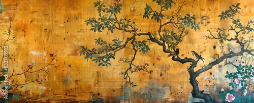 3d wallpaper design with branches, birds and flowers for digital wall print. AI generated illustration