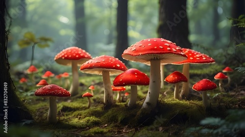 Fly agaric mushrooms populate a clearing in the woods, bringing to mind the fantastical mushrooms from the "Alice in Wonderland" stories. Generative ... © Ammar