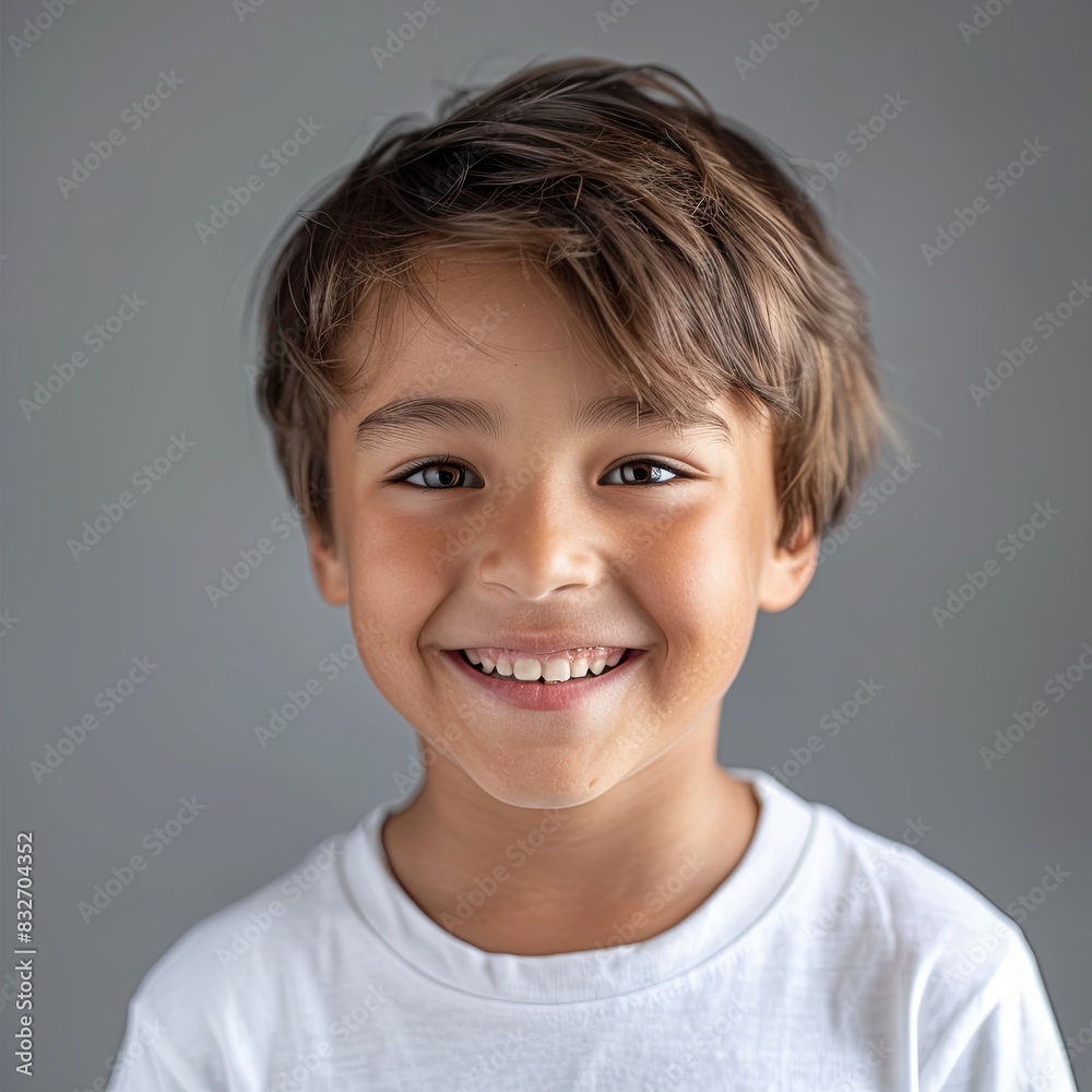 Smiling Boy in White T-shirt on Gray Background Smiling Boy in White T-shirt on Gray Background
