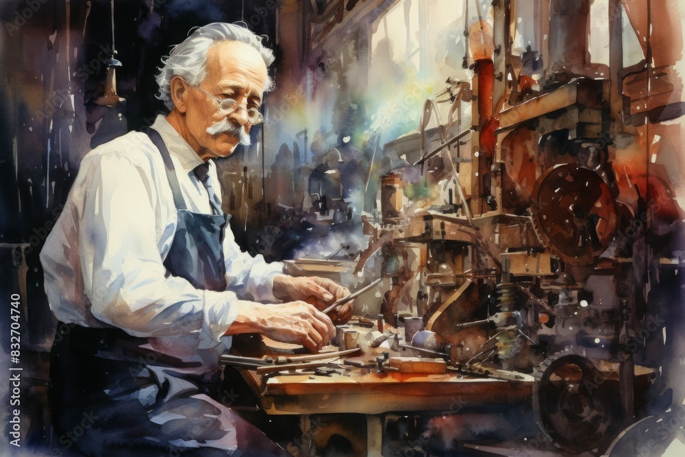 Obraz premium A brilliant and eccentric inventor, crafting ingenious devices and contraptions. - Generative AI