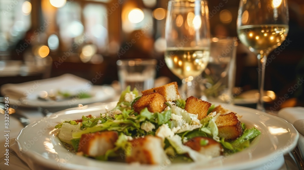 Caesar salad displayed on a restaurant table Caesar salad displayed on a restaurant table