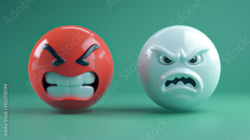 A photorealistic 3D of a pastel red grinning emoji next to a pearl white grimacing emoji, both on a solid emerald background, highlighting different expressions of discomfort.