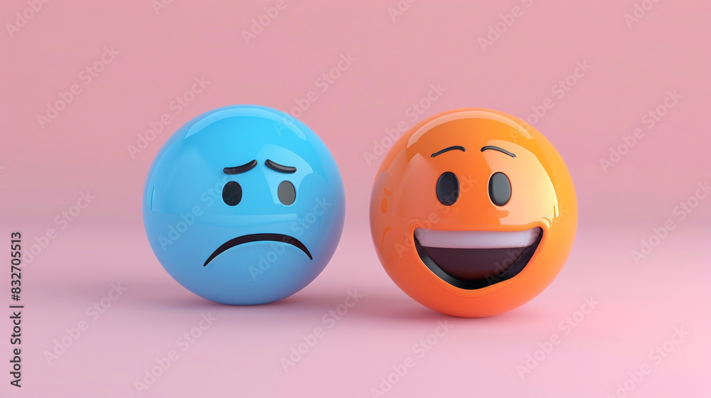 A photorealistic 3D of a topaz laughing emoji next to a cobalt sad emoji, both on a solid pale pink background, highlighting contrast in emotions. A photorealistic 3D of a topaz laughing emoji next to a cobalt sad emoji, both on a solid pale pink background, highlighting contrast in emotions.