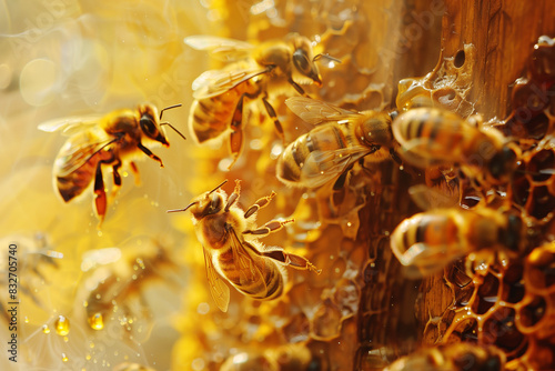 Bees flying near a honeycomb