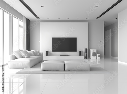 Modern white living room interior with a flat screen television and home cinema system on the wall