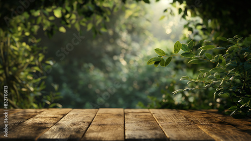 Uma mesa de madeira rústica com o fundo suave e desfocado de uma floresta densa no final da noite, a vegetação e as texturas naturais oferecem um espaço calmo e convidativo para exposições de produtos photo