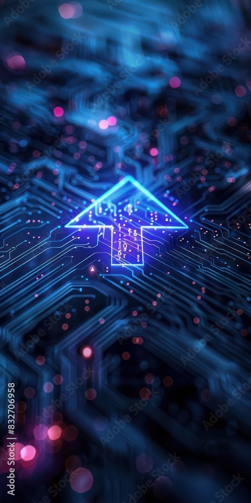 Neon blue arrow on a futuristic circuit board, symbolizing technological advancement and digital innovation. Neon blue arrow on a futuristic circuit board, symbolizing technological advancement and digital innovation.