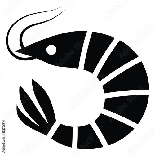 Shrimp vector icon. Sea food logo, sign, symbol. Sea Caridea animal. Prawn black silhouette. Crustacean with curly feelers.