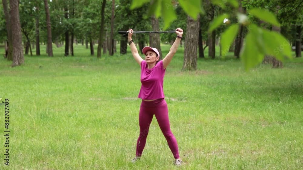 Senior woman in pink sports attire practicing fitness routines in a park, showing strength and wellness. High quality FullHD footage Senior woman in pink sports attire practicing fitness routines in a park, showing strength and wellness. High quality FullHD footage