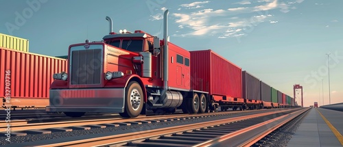 Intermodal transport seamlessly integrates various transportation modes, such as container trucks, ships, and trains, to optimize the movement of goods across long distances photo