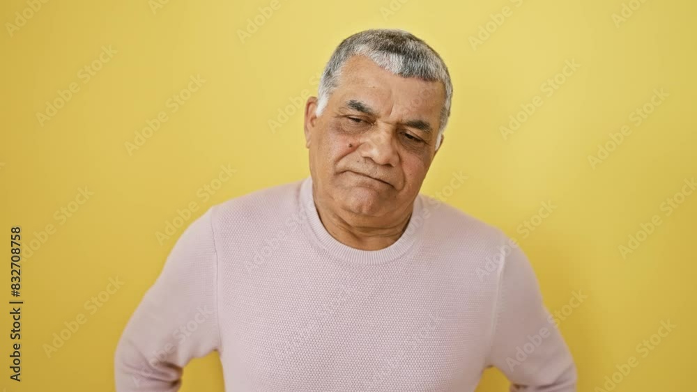 Middle age grey-haired latin man wearing sweater standing depressed and worry for distress, crying angry and afraid. sad expression. over isolated yellow background Middle age grey-haired latin man wearing sweater standing depressed and worry for distress, crying angry and afraid. sad expression. over isolated yellow background