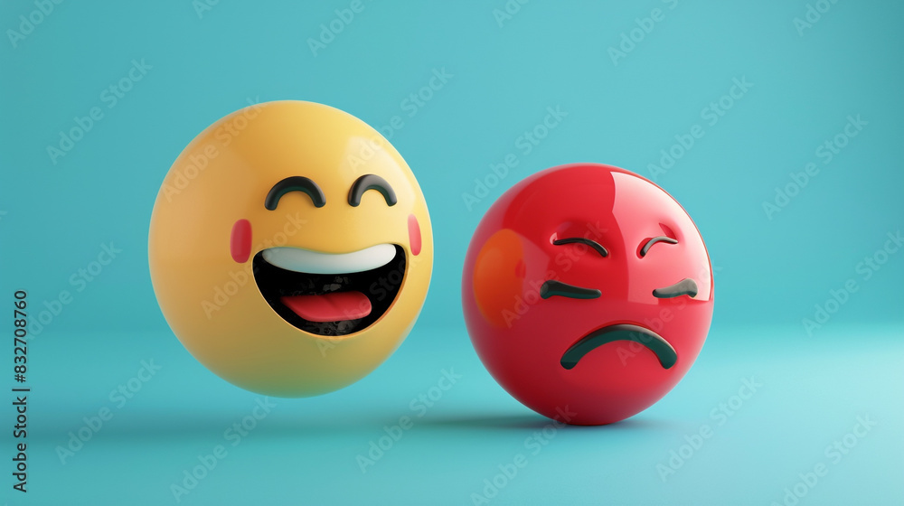 A photorealistic 3D of a topaz laughing emoji next to a pastel red sad emoji, both on a solid cyan background, highlighting the contrast between warmth and coolness. A photorealistic 3D of a topaz laughing emoji next to a pastel red sad emoji, both on a solid cyan background, highlighting the contrast between warmth and coolness.