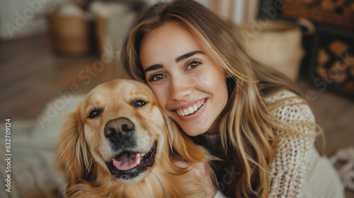 Fun with animal. Carefree woman joyfully lifting ears of adorable golden retriever and smiling at camera while sitting on floor. Young pet owner enjoying every moment spending with her best companion © Muhammad