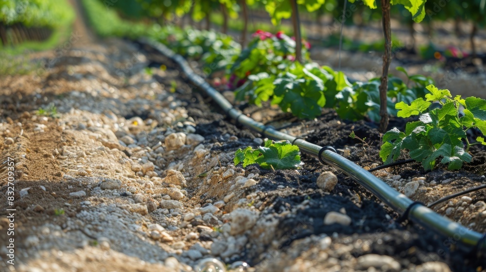 A drip irrigation system installed on the side of a hill allowing for efficient watering of crops on sloped land. A drip irrigation system installed on the side of a hill allowing for efficient watering of crops on sloped land.