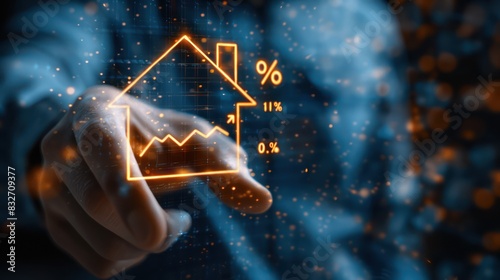 Financial technology concept with a hand interacting with a digital house graphic, indicating interest rates and market trends.