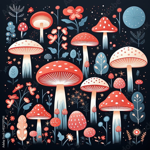 fairy forest mushroom pattern, flat vector illustration