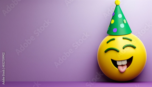 Perfectly circular yellow emoji with a winking expression, sporting a green party hat, right side, violet background with left text space.