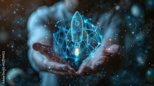 Wallpaper Mural Hands holding a futuristic holographic rocket launch concept with network connections, symbolizing innovation and technology. Torontodigital.ca