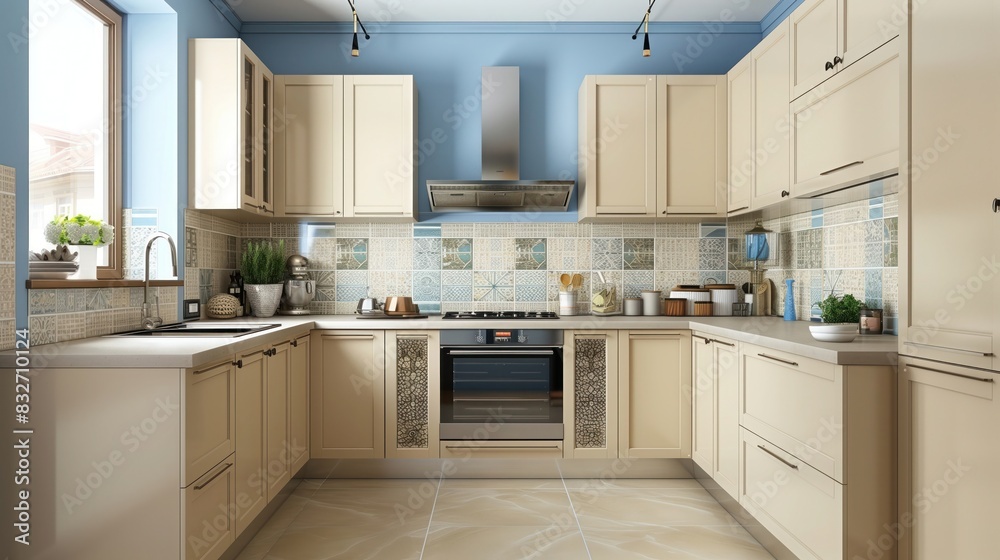 Fototapeta premium a modern kitchen with beige cabinetry and soft blue accents, evoking a sense of tranquility and serenity