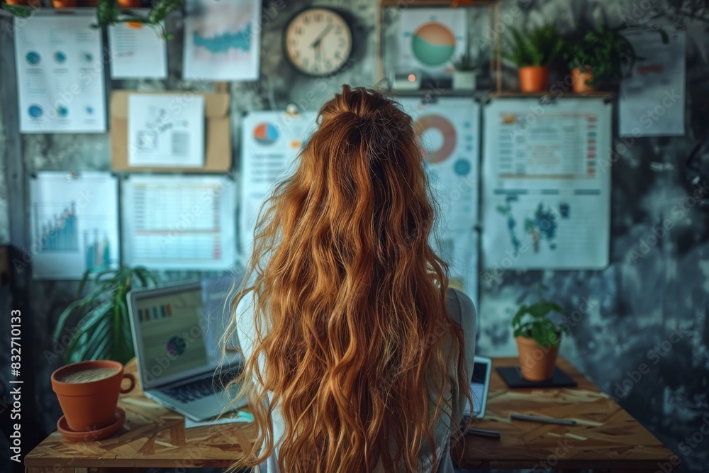 Woman working in home office surrounded by charts and graphs Woman working in home office surrounded by charts and graphs