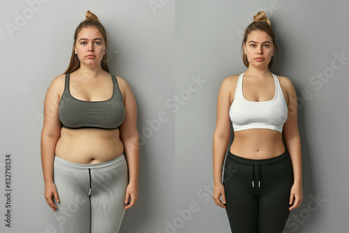 Before and after weight loss health exercise photos comparing a woman's progress