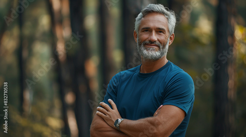 Vitality and active lifestyle. Portrait of fit mature man with hands crossed posing on camera during active training in green forest. Grey-bearded sportsman in blue shirt making confident smile.  photo