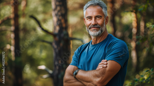 Vitality and active lifestyle. Portrait of fit mature man with hands crossed posing on camera during active training in green forest. Grey-bearded sportsman in blue shirt making confident smile.  photo
