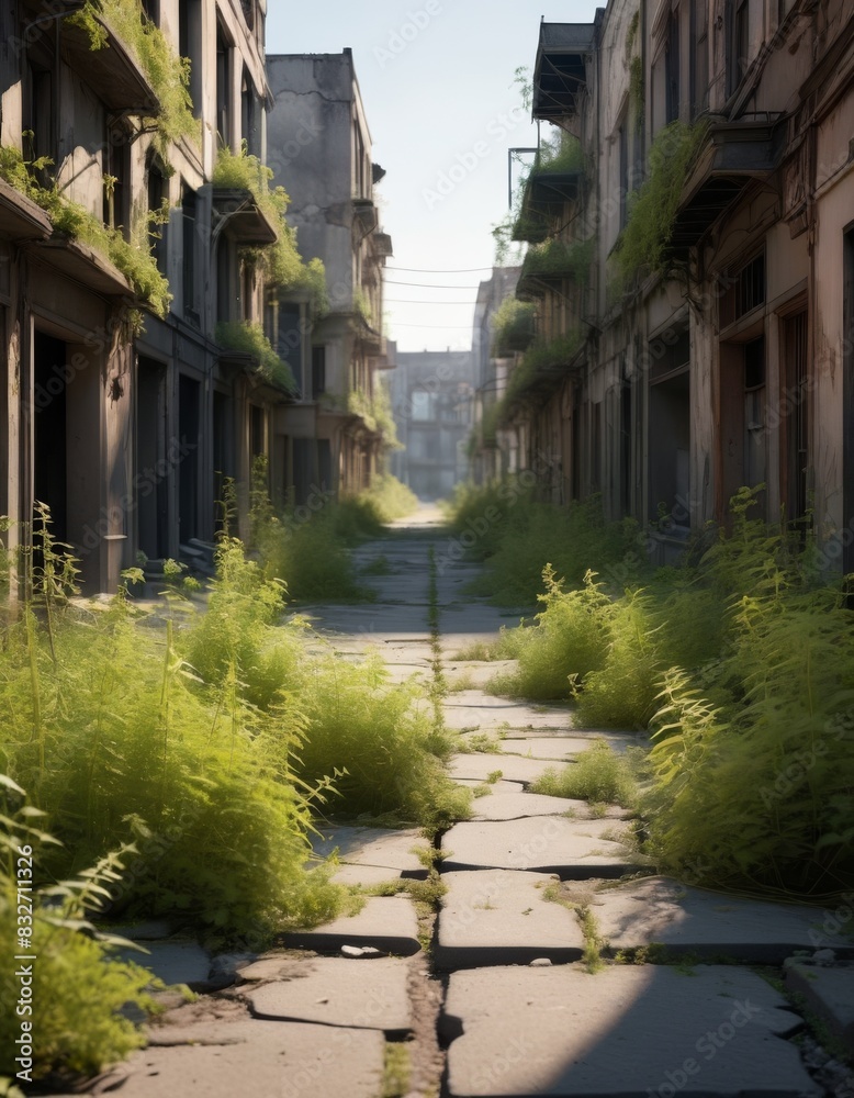 An urban alley, long abandoned, is overtaken by lush green vegetation. The buildings show signs of decay, and nature slowly reclaims the space, creating a scene of urban wilderness. The sunlight