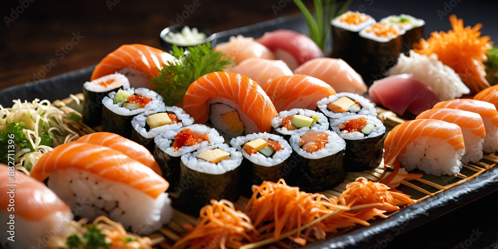 A sushi platter, with a variety of rolls, nigiri, and sashimi, arranged on a bed of shredded carrots A sushi platter, with a variety of rolls, nigiri, and sashimi, arranged on a bed of shredded carrots