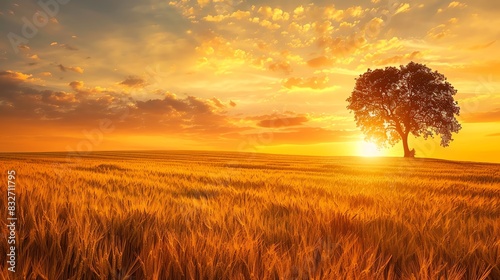 A lone tree stands silhouetted against a fiery sunset, casting long shadows over a field of golden wheat. photo
