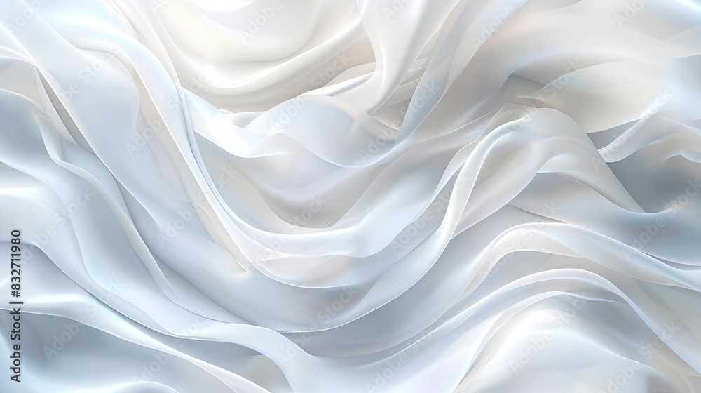 Obraz premium A white silk background with waves of fabric flowing in the wind, creating an elegant and sophisticated atmosphere. The soft color palette adds to its overall beauty and elegance.