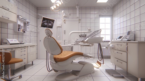 A modern dental office with white tiles  an orange and beige chair in the center surrounded by medical equipment such as monitors  chairs  lights  cabinets  and furniture. 