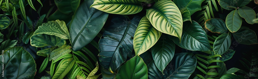 Obraz premium Closeup of green leaves in the jungle, with dark background. The leaves form an abstract pattern, with the entire composition surrounded by dense foliage.