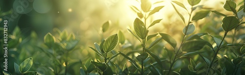 A closeup of green tea leaves swaying in the breeze, bathed in sunlight with rays of light filtering through them. The background is blurred to emphasize the foreground and the texture of fresh tea le photo