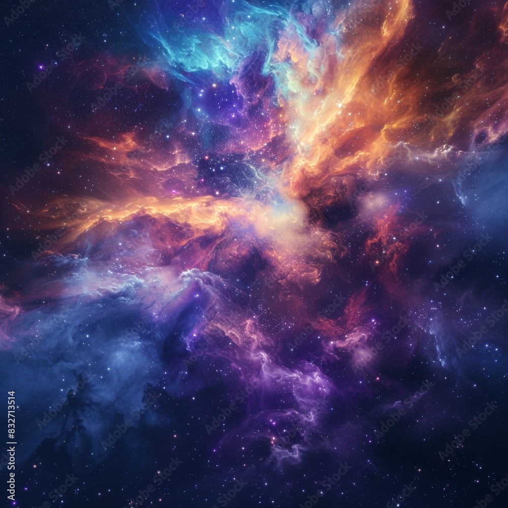 Fototapeta premium Nebula with vibrant hues of blue, purple, and fiery orange. The swirling interstellar clouds create an awe-inspiring, dynamic scene, dotted with bright stars scattered across the cosmic expanse.