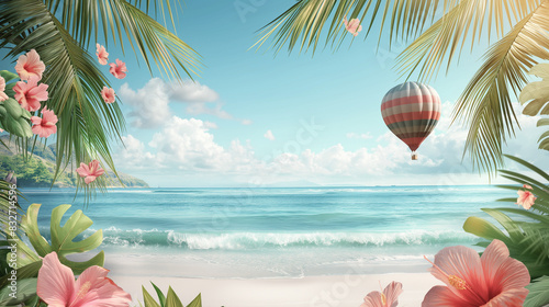 Tropical beach scene with a hot air balloon  palm leaves  and pink hibiscus flowers. Turquoise sea and blue sky with clouds  perfect for summer travel and tourism themes  with copy space