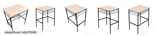 Foto wooden school desk with black iron, old desk destroyed on set, black rubber feet