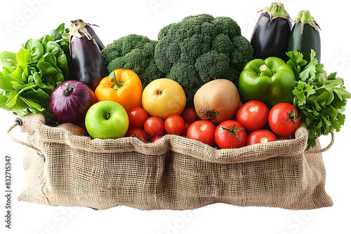 A diverse collection of fresh vegetables and fruits in a burlap sack, showcasing healthy eating.