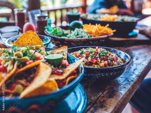 A table with many plates of food including nachos chips and chips
 photo