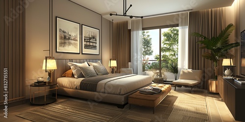 Chic master bedroom with a kingsize bed, stylish decor, and soft lighting