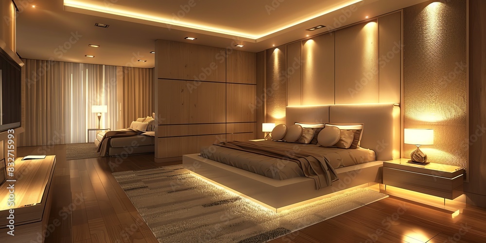 Contemporary bedroom design in an apartment with a platform bed, modern decor, and soft lighting Contemporary bedroom design in an apartment with a platform bed, modern decor, and soft lighting