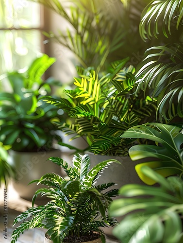 A photo of lush green plants in various sizes and shapes  growing in an indoor garden setting with sunlight filtering through the windows.