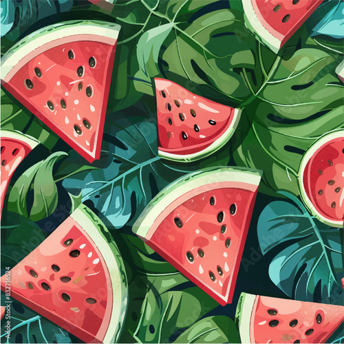 Seamless summer pattern with watermelon slices and monstera leaves on a white background in cartoon style